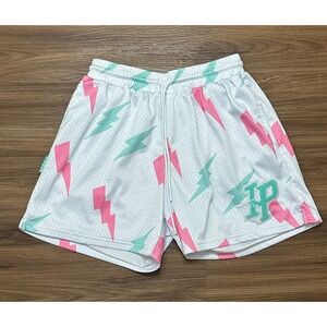 INAKA Power Mens Mesh Gym Shorts Lightning Bolt Print Drawstring White Sz M